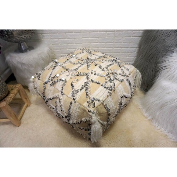 Moroccan Vintage Pouf, Handira Pouf Floor Pillow, Berber Ottoman - Picture 2 of 10